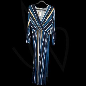 Almost Famous Blue Striped Long Sleeve Jumpsuit NWT XL
